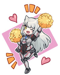 Rule 34 | 1girl, animal ears, armor, black bodysuit, bodysuit, cat ears, cat girl, clearb01, commentary request, eyelashes, fang, full body, grey hair, heart, long hair, m (xenoblade), notice lines, one eye closed, open mouth, pom pom (cheerleading), red bodysuit, simple background, solo, standing, standing on one leg, two-tone bodysuit, white background, xenoblade chronicles (series), xenoblade chronicles 3, yellow eyes