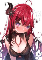 Rule 34 | 1girl, :o, ahoge, bare shoulders, bettle (b s a n), between breasts, black gloves, black skirt, blush, breasts, cleavage, cowboy shot, demon girl, demon horns, demon wings, elbow gloves, facepaint, gloves, hair ornament, heart, heart-shaped pupils, highres, horns, large breasts, leaning forward, long hair, looking at viewer, low wings, makoh lisa, navel, neck ribbon, open mouth, purple eyes, re:act, red hair, red ribbon, red wings, ribbon, simple background, single glove, skirt, snowflake hair ornament, solo, symbol-shaped pupils, very long hair, virtual youtuber, white background, wings
