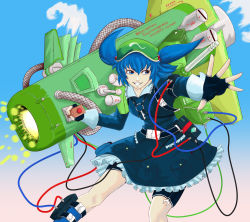 Rule 34 | 1girl, absurdres, alternate color, blue eyes, blue hair, cannon, female focus, hair bobbles, hair ornament, hat, highres, kawashiro nitori, key, matching hair/eyes, short hair, solo, touhou, twintails, two side up, versapro, wire