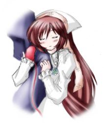 Rule 34 | 00s, 1boy, 1girl, arm hug, closed eyes, dress, gloves, head scarf, long sleeves, red gloves, rozen maiden, simple background, single glove, smile, solo focus, straightchromia, suiseiseki, thread, white background, white dress