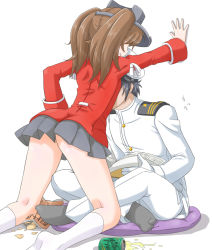 Rule 34 | 10s, 1boy, 1girl, admiral (kancolle), ass, black hair, breast smother, brown hair, can, chips (food), cushion, drink can, face to breasts, food, head on chest, hetero, impossible clothes, impossible shirt, indian style, jack (slaintheva), kabedon, kantai collection, legs, long sleeves, manga (object), military, military uniform, miniskirt, potato chips, ryuujou (kancolle), shirt, sitting, skirt, smirk, soda can, spill, thighs, twintails, uniform, visor cap, wedgie