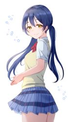 Rule 34 | 1girl, absurdres, alternate hairstyle, blue hair, bow, bowtie, commentary request, cowboy shot, from side, hair between eyes, highres, kobayashi nyoromichi, long hair, looking at viewer, looking to the side, love live!, love live! school idol project, otonokizaka school uniform, plaid, plaid skirt, pleated skirt, red bow, red bowtie, school uniform, shirt, short sleeves, simple background, skirt, solo, sonoda umi, striped bow, striped bowtie, striped clothes, striped neckwear, summer uniform, sweater vest, swept bangs, twintails, white background, white shirt, yellow eyes