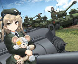 Rule 34 | 4girls, azumi (girls und panzer), bandages, beret, black necktie, black ribbon, blue sky, boko (girls und panzer), brown eyes, brown hair, caterpillar tracks, centurion (tank), closed mouth, cloud, collared shirt, commentary request, day, dirt road, emblem, girls und panzer, grass, green headwear, green jacket, green skirt, grey hair, hair ribbon, hat, highres, holding, holding stuffed toy, jacket, japanese tankery league (emblem), light brown hair, long hair, long sleeves, looking at viewer, m26 pershing, megumi (girls und panzer), mikeran (mikelan), military jacket, military vehicle, motor vehicle, multiple girls, necktie, one side up, outdoors, pleated skirt, radio antenna, ribbon, road, roundel, rumi (girls und panzer), selection university (emblem), selection university military uniform, shimada arisu, shirt, short hair, skirt, sky, smile, solo focus, split mouth, stuffed animal, stuffed toy, tank, teddy bear, v-shaped eyebrows, white shirt