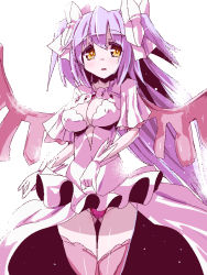 Rule 34 | 10s, 1girl, bow, breasts, cleavage cutout, clothing cutout, covered erect nipples, dress, gloves, gluteal fold, hair bow, kaname madoka, large breasts, long hair, magical girl, mahou shoujo madoka magica, mahou shoujo madoka magica (anime), miuku (marine sapphire), open mouth, panties, pink hair, pink panties, pink thighhighs, solo, thighhighs, two side up, ultimate madoka, underwear, wings, yellow eyes