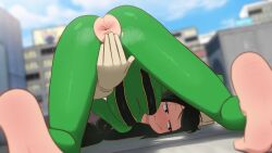 Rule 34 | 1girl, absurdres, anus, ass, asui tsuyu, barefoot, blue sky, blurry, blurry background, blush, bodysuit, boku no hero academia, breasts, city, closed mouth, covering crotch, covering privates, day, feet, gloves, greatm8, green bodysuit, green hair, hanging breasts, highres, long hair, long sleeves, looking to the side, medium breasts, outdoors, sky, soles, solo, top-down bottom-up, torn clothes