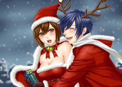 Rule 34 | 1boy, 1girl, :d, antlers, bare shoulders, blue hair, blush, box, breasts, brown eyes, brown hair, choker, christmas, cleavage, fur trim, gift, gift box, hamura mayu, hat, hetero, horns, hug, hug from behind, kaito (vocaloid), large breasts, md5 mismatch, meiko (vocaloid), open mouth, parka, reindeer antlers, ribbon choker, santa costume, santa hat, short hair, smile, snow, surprised, vocaloid