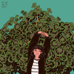 Rule 34 | 1girl, absurdres, aqua background, arms up, black hair, black jacket, brown eyes, dated, highres, jacket, leaf, long sleeves, original, plant, procreate (medium), shirt, short hair, signature, solo, striped clothes, striped shirt, tomidoron, upper body
