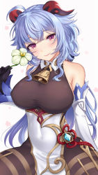 Rule 34 | 1girl, absurdres, bare shoulders, bell, black pantyhose, blue hair, blush, bodysuit, breasts, covered erect nipples, cowbell, flower, ganyu (genshin impact), genshin impact, highres, horns, large breasts, maumaou, neck bell, pantyhose, purple eyes, solo, white background