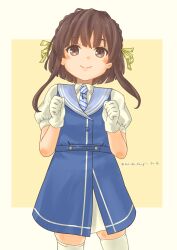 Rule 34 | 1girl, absurdres, blue dress, blue sailor collar, brown eyes, brown hair, cowboy shot, dress, gloves, highres, kantai collection, looking at viewer, necktie, pot-de, puffy short sleeves, puffy sleeves, sailor collar, shirt, short hair, short hair with long locks, short sleeves, smile, solo, striped necktie, thighhighs, ukuru (kancolle), white gloves, white shirt, white thighhighs