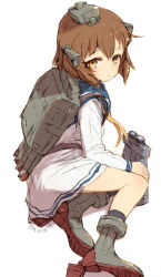 Rule 34 | 1girl, alchera, binoculars, blue sailor collar, brown eyes, brown hair, commentary request, dress, full body, headgear, headset, kantai collection, looking at viewer, lying, machinery, neckerchief, on side, sailor collar, sailor dress, short hair, simple background, solo, speaking tube headset, white background, yellow neckerchief, yukikaze (kancolle)