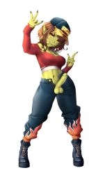 Rule 34 | 1other, absurdres, baseball cap, boots, breasts, colored skin, ear piercing, earrings, erection, existence, female goblin, full body, futanari, game cg, goblin, green skin, hat, headgear, highres, jewelry, looking at viewer, midriff, navel, pants, penis, piercing, pinchuu, pointy ears, short hair, shortstack, simple background, smile, smug, solo, sprite, standing, testicles, torn clothes, uncensored, white background, yellow eyes
