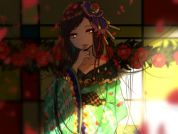 Rule 34 | 10s, 1girl, bad id, bad pixiv id, blurry, blurry background, brown hair, depth of field, eyeshadow, green kimono, hair ornament, hairpin, hand on own chin, hand up, highres, japanese clothes, kimono, long hair, long sleeves, looking to the side, makeup, merc storia, obi, parted lips, sash, sogawa, solo, upper body, wide sleeves, yellow eyes
