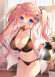 Rule 34 | 1girl, black bra, black panties, blue eyes, blush, bow, bra, breasts, cleavage, coffee pot, collarbone, collared shirt, commentary request, croissant, food, food in mouth, hair between eyes, hair bow, hair ornament, hair scrunchie, hand in own hair, highres, holding, lace, lace-trimmed bra, lace-trimmed panties, lace trim, legs together, long hair, looking at viewer, medium breasts, mikeou, mouth hold, navel, open clothes, open shirt, original, panties, pink hair, plant, potted plant, scrunchie, shirt, solo, standing, sunlight, twintails, underwear, white shirt, window, x hair ornament