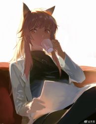 Rule 34 | 1girl, animal ears, brown hair, cat ears, coat, cup, drinking, girls&#039; frontline, girls&#039; frontline neural cloud, holding, holding cup, holding paper, lab coat, long hair, looking at viewer, noland, paper, persicaria (neural cloud), pink eyes, sidelocks, sitting, solo, source request, sweater, weibo watermark, white coat