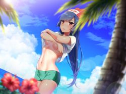 Rule 34 | 10s, 1girl, :o, armpit peek, beanie, blue sky, blurry, blush, breasts, clothes lift, cloud, cosplay, cowboy shot, creatures (company), crossed arms, day, depth of field, flower, game freak, green shorts, hat, hibiscus, hizuki akira, horizon, long hair, looking at viewer, medium breasts, midriff, navel, nintendo, outdoors, palm tree, parted lips, plant, pokemon, pokemon rgby, pokemon sm, purple hair, red eyes, red hat, sabrina (pokemon), selene (pokemon), selene (pokemon) (cosplay), shirt lift, shorts, simple background, sky, solo, stomach, tan, tanline, tree, tsurime, underboob, undressing, water, white background