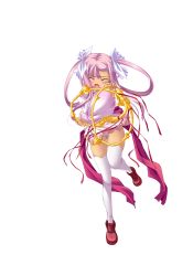 Rule 34 | 1girl, blocking, blush, closed eyes, cropped jacket, dual wielding, full body, highres, hikage eiji, holding, koihime musou, long hair, midriff, miniskirt, open mouth, panties, pantyshot, pink hair, ribbon, shoes, skirt, solo, sonshoukou, striped clothes, striped panties, thighhighs, transparent background, twintails, underwear, very long hair, weapon, wince, wind, wind lift