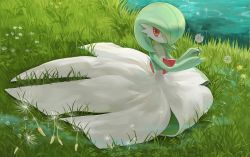 Rule 34 | 1girl, bad id, bad pixiv id, colored skin, creatures (company), dandelion, day, female focus, flat chest, flower, full body, game freak, gardevoir, gen 3 pokemon, glint, grass, green hair, green skin, hair over one eye, hands up, holding, looking to the side, multicolored skin, nintendo, no mouth, outdoors, pokemon, pokemon (creature), red eyes, river, short hair, sitting, solo, tamura yuki, two-tone skin, water, white skin, yellow flower