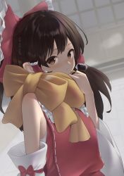 Rule 34 | 1girl, :&lt;, adapted costume, arm garter, armpit crease, blurry, blurry background, blush, bow, breath, brown eyes, brown hair, closed mouth, detached sleeves, dress, frilled bow, frilled shirt collar, frills, hair bow, hair tubes, hakurei reimu, half updo, highres, kanpa (campagne 9), long hair, looking at viewer, looking to the side, nose blush, outdoors, ponytail, red bow, red dress, ribbon-trimmed dress, sarashi, scarf, shouji, sidelocks, sleeve bow, sliding doors, solo, touhou, upper body, wide sleeves, winter, winter clothes, yellow bow, yellow neckwear, yellow scarf