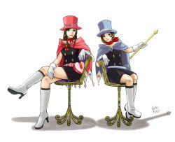 Rule 34 | 2girls, absurdres, ace attorney, apollo justice: ace attorney, bandana, black skirt, blue eyes, blue headwear, boots, brown hair, cape, chair, club (shape), earrings, ema skye, eyewear on head, unworn eyewear, gloves, hat, heart, highres, jewelry, knee boots, crossed legs, long hair, looking at viewer, magician, multiple girls, noh masked, pink cape, pink headwear, red bandana, red neckwear, scarf, short hair, sidelocks, simple background, sitting, skirt, smile, spade (shape), top hat, trucy wright, wand, white background, white footwear, white gloves