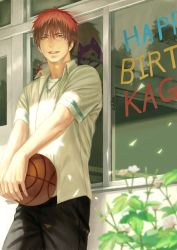 Rule 34 | 1boy, ball, basketball, basketball (object), black pants, commentary request, eyebrows, happy birthday, holding, holding ball, jewelry, kagami taiga, kuroko no basuke, looking at viewer, male focus, necklace, outdoors, pants, plant, red eyes, red hair, ring, ring necklace, school uniform, shirt, short hair, short sleeves, smile, solo, suiact, sunlight, teeth, white shirt, window