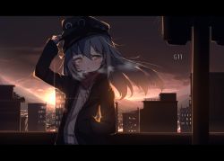 Rule 34 | 1girl, alternate costume, blush, breath, brown eyes, building, character name, cityscape, cloud, cloudy sky, darnell, evening, floating hair, g11 (girls&#039; frontline), girls&#039; frontline, grey jacket, hair between eyes, hand in pocket, hand on headwear, hat, highres, holding, jacket, letterboxed, long hair, looking at viewer, mountain, open clothes, open mouth, pole, rooftop, scarf, scarf on head, scenery, shirt, sidelocks, silver hair, sky, solo, standing, sunset, upper body, very long hair, white shirt