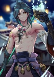 Rule 34 | 1boy, ahoge, alternate pectoral size, arm guards, arm tattoo, bead necklace, beads, black gloves, black hair, blurry, blurry background, building, closed mouth, cloud, cloudy sky, collarbone, detached sleeves, diamond-shaped pupils, diamond (shape), facial mark, fading, forehead mark, genshin impact, gloves, green gloves, green hair, highres, holding, holding mask, holding polearm, holding weapon, jewelry, lantern, long hair, looking at viewer, male focus, maorenc, mask, multicolored hair, necklace, night, night sky, nipples, outdoors, parted bangs, polearm, sky, slit pupils, solo, symbol-shaped pupils, tassel, tattoo, topless male, weapon, xiao (genshin impact), yellow eyes
