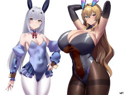 Rule 34 | 2girls, animal ears, armpits, arms behind head, arms up, bare shoulders, black leotard, blonde hair, blue leotard, blush, bow, bowtie, breasts, brown eyes, brown pantyhose, cleavage, commentary request, covered navel, detached collar, detached sleeves, barghest (fate), melusine (fate), fake animal ears, fate/grand order, fate (series), frills, green eyes, grey hair, heterochromia, highleg, highleg leotard, highres, huge breasts, kurozawa yui, leotard, long hair, looking at viewer, multiple girls, nail polish, pantyhose, playboy bunny, rabbit ears, red eyes, sidelocks, small breasts, solo, thighband pantyhose, thighs, very long hair, white pantyhose, wrist cuffs