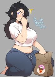 Rule 34 | 1girl, 2021, agawa ryou, belly, black hair, blue eyes, breasts, dated, eating, food, food on face, grey background, large breasts, long hair, looking at viewer, navel, original, plump, seiza, simple background, sitting, solo, thick thighs, thighs, wide hips