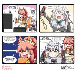 Rule 34 | 2girls, 4koma, aged down, ahoge, alternate costume, animal ear fluff, animal ears, animal hands, apron, bell, bikini, bikini top only, black bikini, black gloves, bow, braid, breasts, capelet, cat paws, cleavage, closed eyes, collar, comic, english text, enmaided, fang, fate/grand order, fate (series), fox ears, fox girl, fox tail, fur-trimmed capelet, fur trim, gloves, green bow, green ribbon, hair ribbon, happy, headpiece, highres, jeanne d&#039;arc (fate), jeanne d&#039;arc alter santa lily (fate), jingle bell, joy-con, keita naruzawa, large breasts, maid, maid apron, maid headdress, multiple girls, neck bell, nintendo, nintendo switch, o3o, open mouth, paw gloves, pink hair, red ribbon, ribbon, small breasts, speech bubble, striped bow, striped ribbon, swimsuit, tail, tamamo (fate), tamamo cat (fate), tamamo cat (second ascension) (fate), twin braids, waist apron, white apron, white capelet, yellow eyes