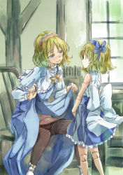 Rule 34 | 2girls, alice margatroid, alice margatroid (pc-98), blonde hair, blue dress, blue eyes, bow, capelet, clothes lift, clothes pull, doll joints, dress, dress lift, eye contact, frilled legwear, hair ribbon, hairband, indoors, joints, looking at another, multiple girls, open mouth, pantyhose, pantyhose pull, ribbon, short hair, sitting, smile, standing, touhou, white legwear, yellow eyes, yohane