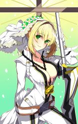 Rule 34 | 1girl, absurdres, aestus estus, ahoge, belt, blonde hair, blush, bodysuit, breasts, bridal veil, center opening, chain, cleavage, collarbone, fate/extra, fate/extra ccc, fate (series), flower wreath, full-length zipper, gloves, gradient background, green background, green eyes, hair intakes, head wreath, highres, large breasts, lock, long hair, looking at viewer, loose belt, nero claudius (bride) (fate), nero claudius (fate), nero claudius (fate) (all), padlock, sensei (hitagi3594), smile, sword, thighs, veil, weapon, white bodysuit, white gloves, zipper