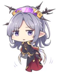 Rule 34 | 1girl, :d, black thighhighs, commentary request, eyes visible through hair, floating, full body, granblue fantasy, grey hair, hair ornament, hair stick, harvin, jitome, long hair, looking at viewer, niyon (granblue fantasy), nogisaka kushio, open mouth, pointy ears, purple eyes, robe, simple background, smile, solo, thighhighs, transparent background, white background, wide sleeves