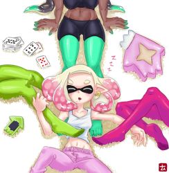 Rule 34 | 4girls, aqua hair, aqua skin, bare arms, bare shoulders, black hair, black shorts, blonde hair, breasts, callie (splatoon), card, cellphone, collarbone, colored skin, covered erect nipples, dark-skinned female, dark skin, earrings, feet, gluteal fold, gradient hair, green legwear, groin, inkling, jewelry, lying, marie (splatoon), marina (splatoon), medium breasts, mole, mole under mouth, multicolored hair, multicolored skin, multiple girls, namuro, navel, nintendo, no shoes, octoling, on back, open mouth, pants, pantyhose, pantyhose under shorts, pearl (splatoon), phone, pink hair, pink pants, playing card, pointy ears, purple legwear, shirt, short hair, shorts, sitting, sleeping, smartphone, smartphone case, splatoon (series), splatoon 2, spread legs, stuffed toy, suction cups, tank top, tentacle hair, toes, two-tone hair, two-tone skin, white shirt, zzz