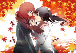 Rule 34 | 10s, 2girls, autumn, autumn leaves, black hair, cardigan, closed mouth, coat, covered mouth, eye contact, eyebrows, eyelashes, floating hair, fringe trim, from side, fur trim, highres, holding, holding leaf, leaf, long hair, long sleeves, looking at another, love live!, love live! school idol festival, love live! school idol project, maple leaf, md5 mismatch, multiple girls, nishikino maki, profile, purple eyes, red eyes, red hair, red scarf, scarf, signature, smile, suan ringo, twintails, upper body, wind, yazawa nico, yuri