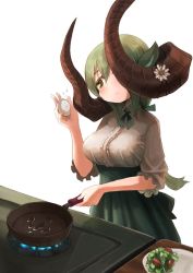 Rule 34 | 159cm, 1girl, animal ears, blush, breasts, closed mouth, cracked egg, egg, frying pan, gran-chan (159cm), green hair, green ribbon, green skirt, hand up, headset, high-waist skirt, holding, holding egg, holding frying pan, horn flower, horns, huge horns, large breasts, long hair, neck ribbon, one eye covered, original, ribbon, salad, shirt, simple background, skirt, solo, stove, white background, white shirt, yellow eyes