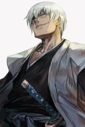Rule 34 | 1boy, belt, black shirt, bleach, blue eyes, eyepatch, grey background, grin, hungry clicker, ichimaru gin, jacket, japanese clothes, katana, looking at viewer, male focus, open clothes, open jacket, samurai, shirt, silver hair, simple background, smile, solo, sword, upper body, weapon, white jacket