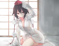 Rule 34 | 1girl, black hair, breasts, cleavage, futon, hand on own head, hands in opposite sleeves, hat, long sleeves, looking at viewer, naked shirt, pom pom (clothes), red eyes, seiza, shameimaru aya, shiroshi (denpa eshidan), shirt, short hair, sitting, sleepy, sleeve cuffs, sleeves past wrists, solo, tears, tokin hat, touhou, waking up