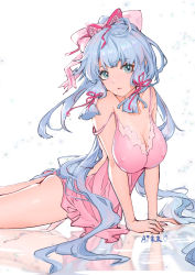 Rule 34 | 1girl, absurdres, ahoge, ai dongdong, alternate costume, alternate hairstyle, arm support, ass, ayaka (genshin impact), blue eyes, blue hair, bow, breasts, camisole, cleavage, commentary, covered erect nipples, cowboy shot, flower knot, genshin impact, hair bow, hair ribbon, highres, large breasts, light blue hair, long hair, looking at viewer, lying, nightgown, on stomach, parted lips, pink bow, pink camisole, ponytail, red bow, red ribbon, reflection, reflective floor, ribbon, sidelocks, signature, simple background, sleeveless, solo, strap slip, thighs, very long hair, white background