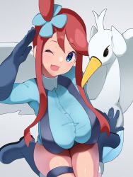 Rule 34 | 1girl, ;d, arm up, blue eyes, blue gloves, blush, breasts, covered erect nipples, creatures (company), elbow gloves, from above, game freak, gen 5 pokemon, gloves, grey background, head tilt, highres, huge breasts, long sleeves, looking at viewer, looking up, nintendo, one eye closed, one side up, open mouth, pokemon, pokemon (creature), pokemon bw, salute, short hair with long locks, sidelocks, simple background, sitting, skindentation, skyla (pokemon), smile, swanna, thigh strap, uni mmtab, wariza