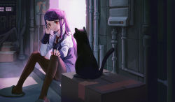 Rule 34 | 1girl, absurdres, black cat, black pantyhose, cat, cigarette, commentary request, highres, holding, holding cigarette, industrial pipe, jill stingray, long hair, long sleeves, looking at viewer, necktie, pantyhose, purple hair, red eyes, red necktie, shadow, shirt, sidelocks, sitting, smoke, smoking, solo, swept bangs, twintails, va-11 hall-a, vest, white shirt, xiaomai yorik