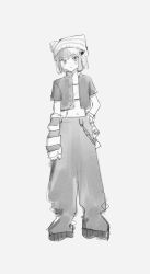 Rule 34 | 1girl, arm warmers, beanie, closed mouth, crop top, cropped jacket, cropped shirt, detached sleeves, full body, grey background, greyscale, hand on own hip, hat, highres, jacket, looking at viewer, midriff, monochrome, nakko (7nt5ta), navel, open clothes, open jacket, original, pants, shirt, short hair, short sleeves, simple background, sketch, solo, standing, white background