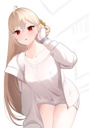 Rule 34 | 1girl, absurdres, ahoge, blonde hair, blush, collarbone, hand in own hair, highres, jacket, jingburger, jirari, leaning forward, long hair, open clothes, open jacket, open mouth, red eyes, shirt, short shorts, shorts, simple background, solo, virtual youtuber, waktaverse, watch, white shirt