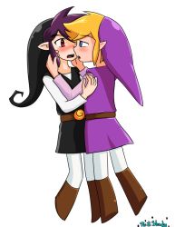Rule 34 | 2boys, alternate color, belt, black headwear, blonde hair, blue eyes, blush, boots, brown footwear, couple, elf, embarrassed, eye contact, hat, imminent kiss, link, looking at another, male focus, multiple boys, nintendo, open mouth, pointy ears, purple hair, purple headwear, red eyes, selfcest, short hair, shy, the legend of zelda, toon link, twilishady, yaoi