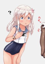 Rule 34 | 1girl, admiral (kancolle), anchor symbol, arm support, armband, blue eyes, blush, collarbone, commentary request, covered navel, fishnet pantyhose, fishnets, flower, hair between eyes, hair flower, hair ornament, highres, holding, kantai collection, long hair, one-piece swimsuit, open mouth, pantyhose, ro-500 (kancolle), school swimsuit, simple background, swimsuit, swimsuit under clothes, tan, tsukemon, white hair