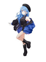 Rule 34 | 1girl, absurdres, asymmetrical clothes, belt, belt buckle, black belt, black coat, black footwear, black hat, black nails, black shirt, black shorts, blue coat, blue eyes, blue hair, blue skirt, buckle, coat, ear piercing, earrings, felutiahime, fishnet pantyhose, fishnets, full body, grin, hat, highres, hololive, hoshimachi suisei, jewelry, long hair, looking at viewer, miniskirt, multicolored coat, nail polish, one eye closed, open clothes, open coat, pantyhose, piercing, plaid, plaid skirt, pleated skirt, shirt, short shorts, shorts, simple background, skirt, sleeveless, sleeveless shirt, smile, solo, standing, standing on one leg, star (symbol), star earrings, two-tone coat, virtual youtuber, white background