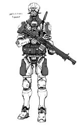 Rule 34 | greyscale, gun, holding, holding gun, holding weapon, male focus, military police, monochrome, monochrome, original, robot, science fiction, sigama, solo, weapon, white background