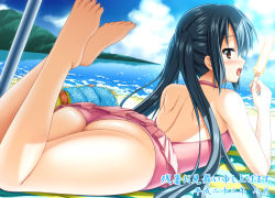 Rule 34 | 1girl, ass, barefoot, beach, bikini, black hair, blush, brown eyes, casual one-piece swimsuit, day, feet, food, foreshortening, k-on!, looking back, lying, nakano azusa, on stomach, one-piece swimsuit, outdoors, pink one-piece swimsuit, popsicle, solo, swimsuit, the pose, translation request, twintails, uehiro, water, zanshomimai