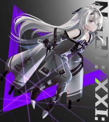 Rule 34 | absurdres, ahoge, bandage over one eye, bare shoulders, character name, detached sleeves, dress, grey dress, grey hair, grey pantyhose, highres, long hair, miki (horop), no.21 (punishing: gray raven), pantyhose, punishing: gray raven, sleeves past fingers, sleeves past wrists