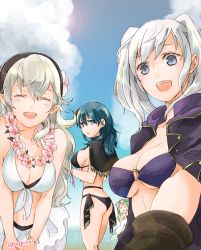 Rule 34 | 4girls, bikini, black bikini, black hairband, blue eyes, blue hair, blue sky, breasts, byleth (female) (fire emblem), byleth (female) (summer) (fire emblem), byleth (fire emblem), cleavage, closed eyes, cloud, corrin (female) (fire emblem), corrin (female) (summer) (fire emblem), corrin (fire emblem), day, fire emblem, fire emblem: three houses, fire emblem awakening, fire emblem fates, fire emblem heroes, flower, from side, gloves, green hair, hair flower, hair ornament, hairband, large breasts, long hair, looking to the side, medium breasts, multiple girls, nintendo, o-ring, o-ring bikini, official alternate costume, open mouth, outdoors, parted lips, pointy ears, rhea (fire emblem), robaco, robin (female) (fire emblem), robin (fire emblem), sky, swimsuit, twintails, twitter username, white hair, wreath