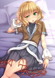 Rule 34 | 1girl, :o, arm up, arm warmers, bad id, bad pixiv id, blonde hair, eyebrows, green eyes, highres, lying, mizuhashi parsee, oborofu, on back, on bed, petite, pillow, pleated skirt, pointy ears, short sleeves, skirt, solo, team shanghai alice, touhou